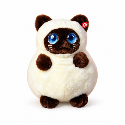 DunDun AI plush cat in the cream-and-brown Siamese style, shown on a clean white background.