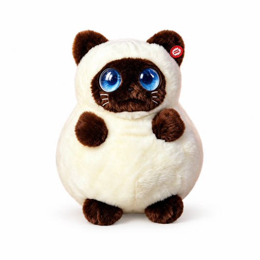 DunDun AI plush cat in the cream-and-brown Siamese style, shown on a clean white background.