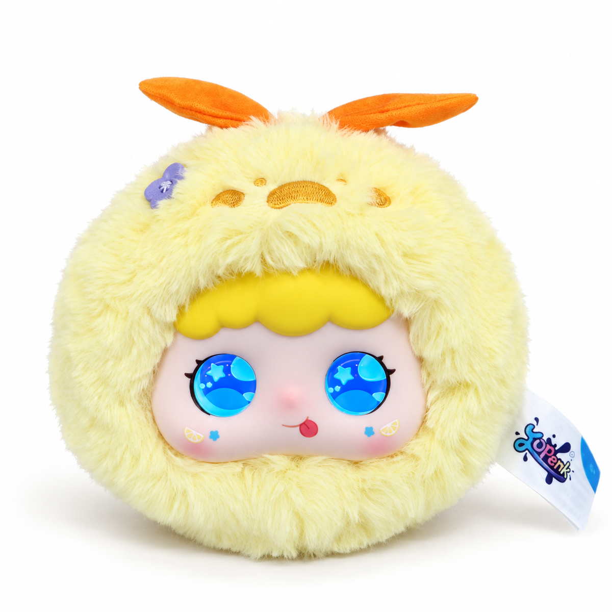 Jopark Tea Party AI plush bag charm in the Lemon Pop style, with expressive blue LED eyes.