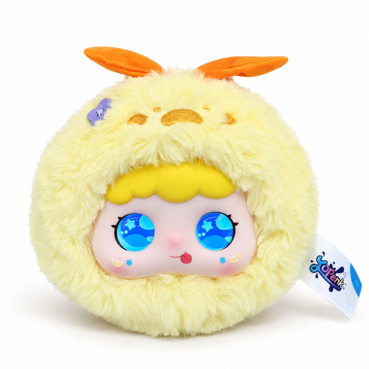 Jopark Tea Party AI plush bag charm in the Lemon Pop style, with expressive blue LED eyes.