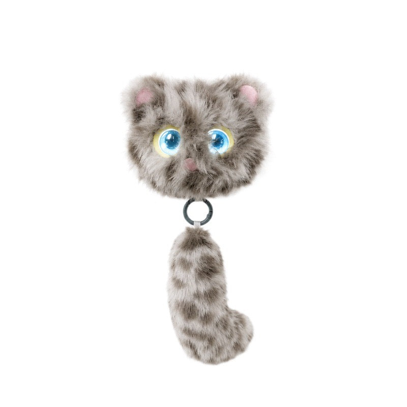 Mororo gray striped AI plush cat bag charm with light-up eyes and a fluffy tail.