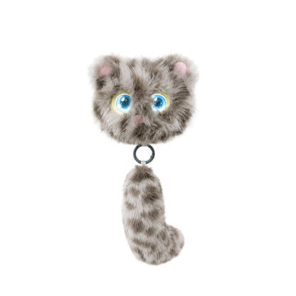 Mororo gray striped AI plush cat bag charm with light-up eyes and a fluffy tail.