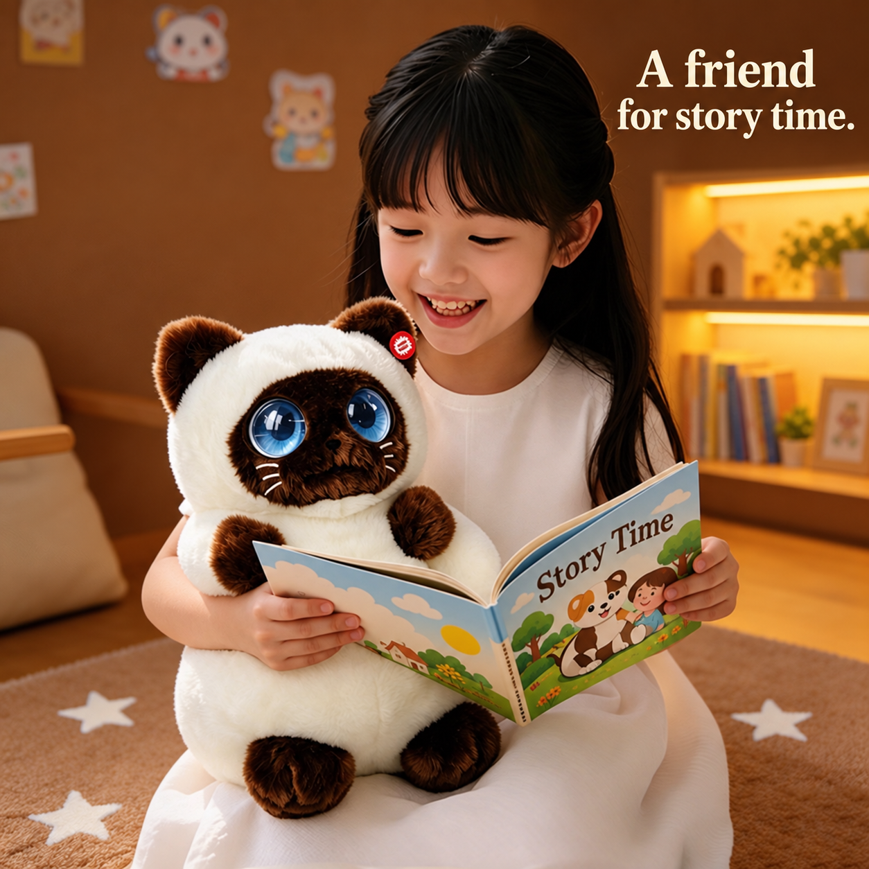 DunDun Siamese plush cat held during story time in a warm reading nook.