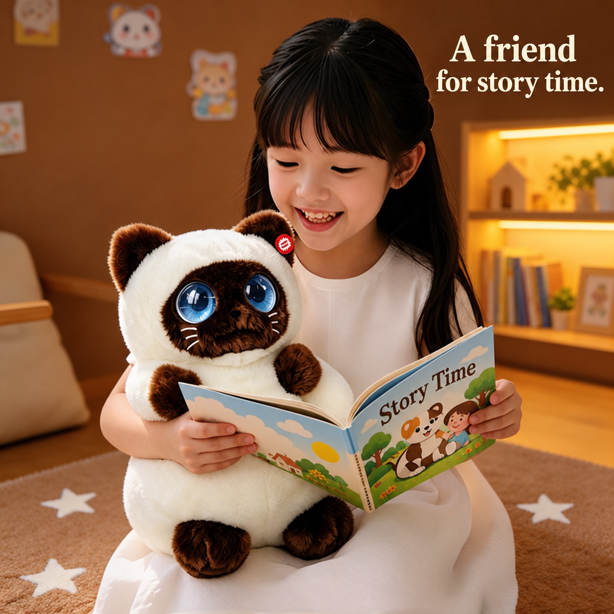DunDun Siamese plush cat held during story time in a warm reading nook.