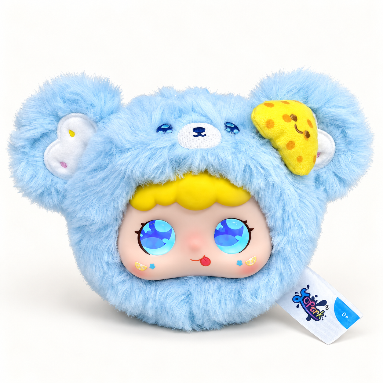 Jopark Tea Party AI plush bag charm in the Sea Salt Cheese style, with expressive blue LED eyes.
