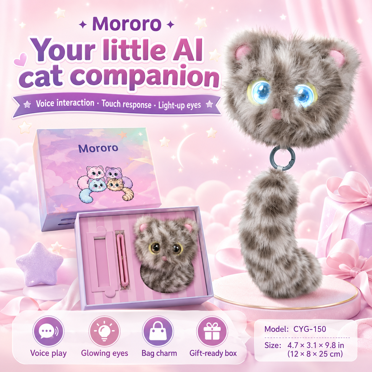 Mororo AI cat plush bag charm, gift box, voice interaction and touch response.