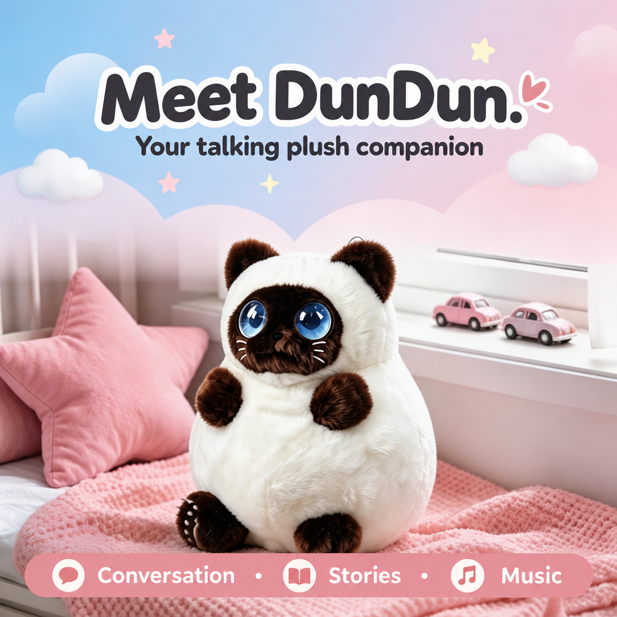 DunDun talking plush companion on a pink blanket: conversation, stories and music.