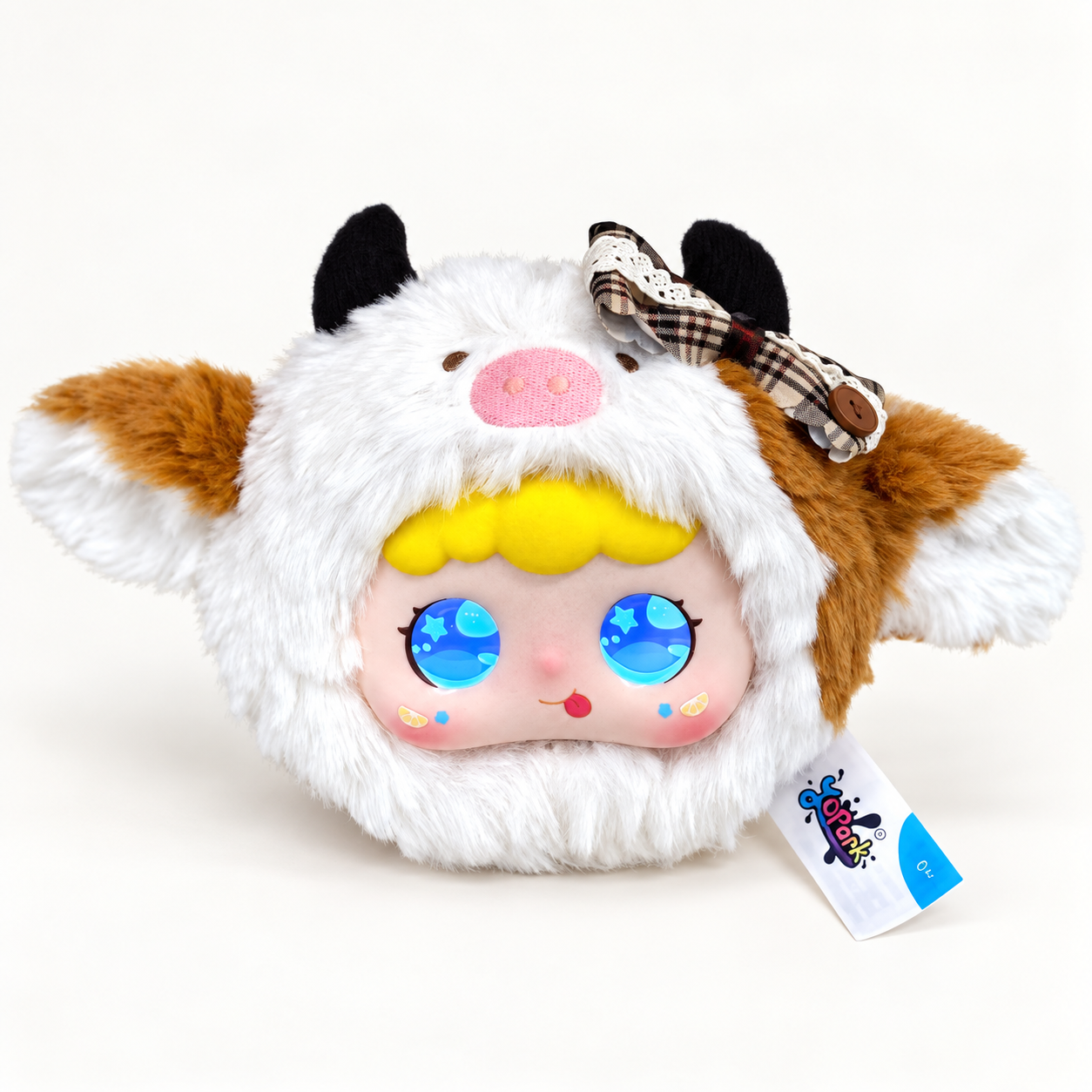 Jopark Tea Party AI plush bag charm in the Caramel Latte style, with expressive blue LED eyes.