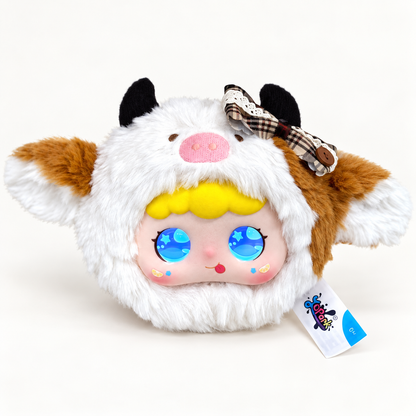 Jopark Tea Party AI plush bag charm in the Caramel Latte style, with expressive blue LED eyes.