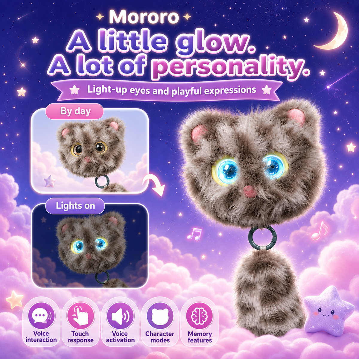 Mororo plush cat with eyes shown in daylight and illuminated blue.