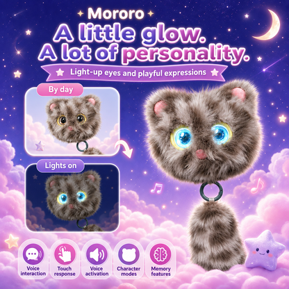Mororo plush cat with eyes shown in daylight and illuminated blue.