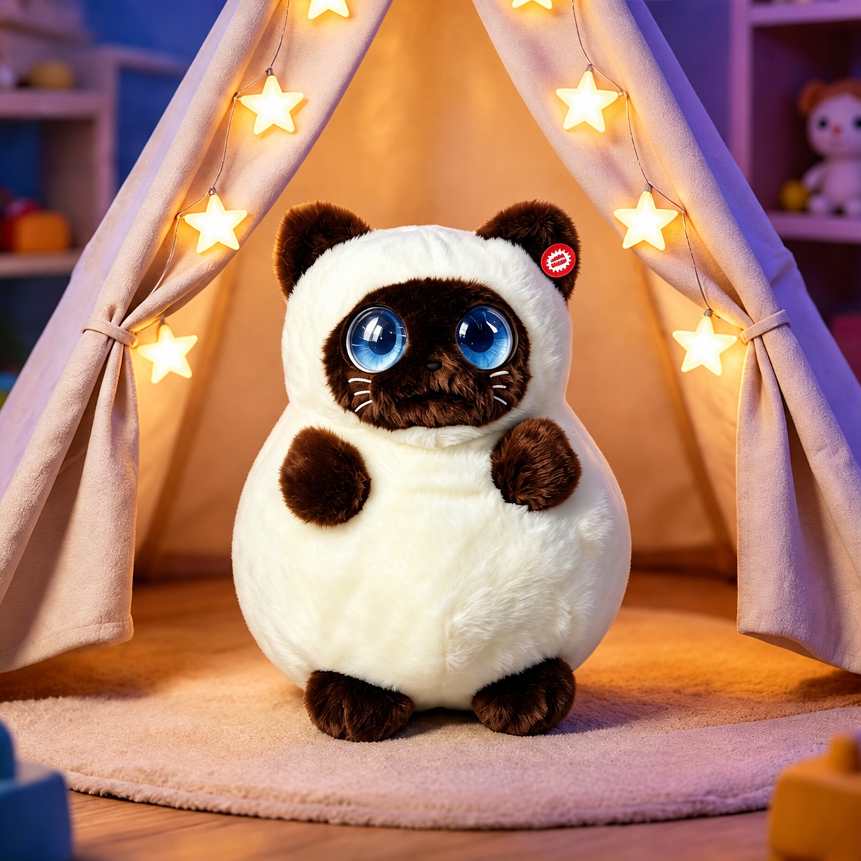 Cream-and-brown DunDun plush cat in a cozy tent scene; decorative props not included.