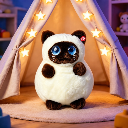 Cream-and-brown DunDun plush cat in a cozy tent scene; decorative props not included.