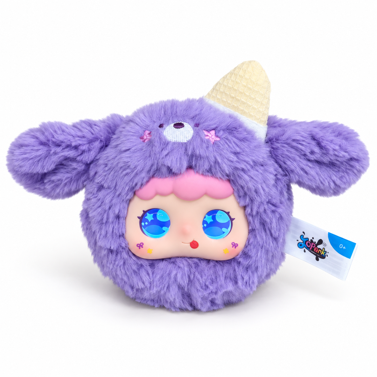 Jopark Tea Party AI plush bag charm in the Grape Cream style, with expressive blue LED eyes.