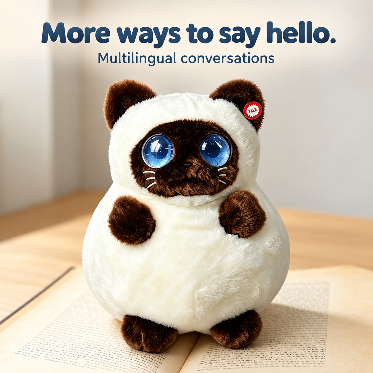 DunDun AI plush cat with an English caption about multilingual conversations.