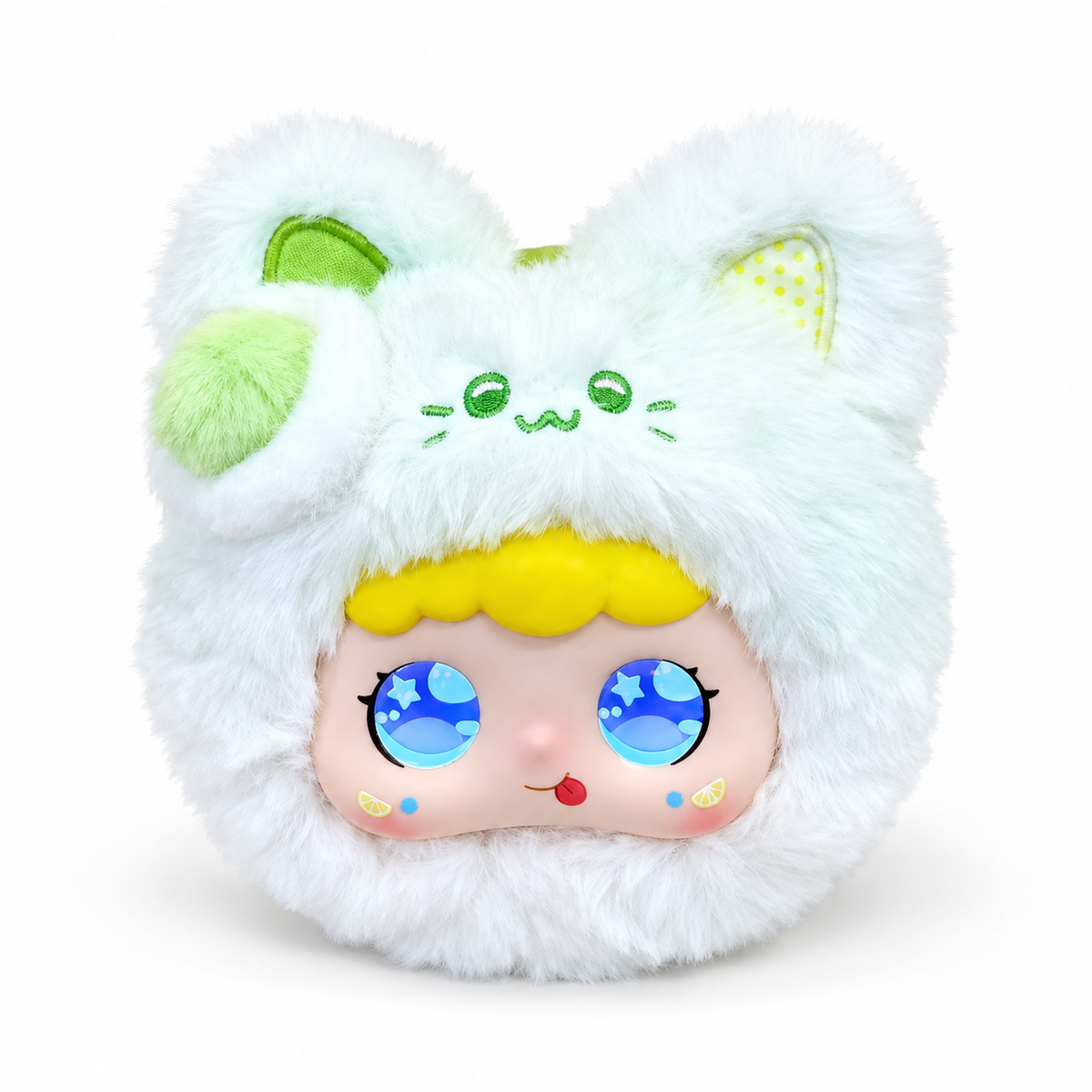 Jopark Tea Party AI plush bag charm in the Green Grape style, with expressive blue LED eyes.