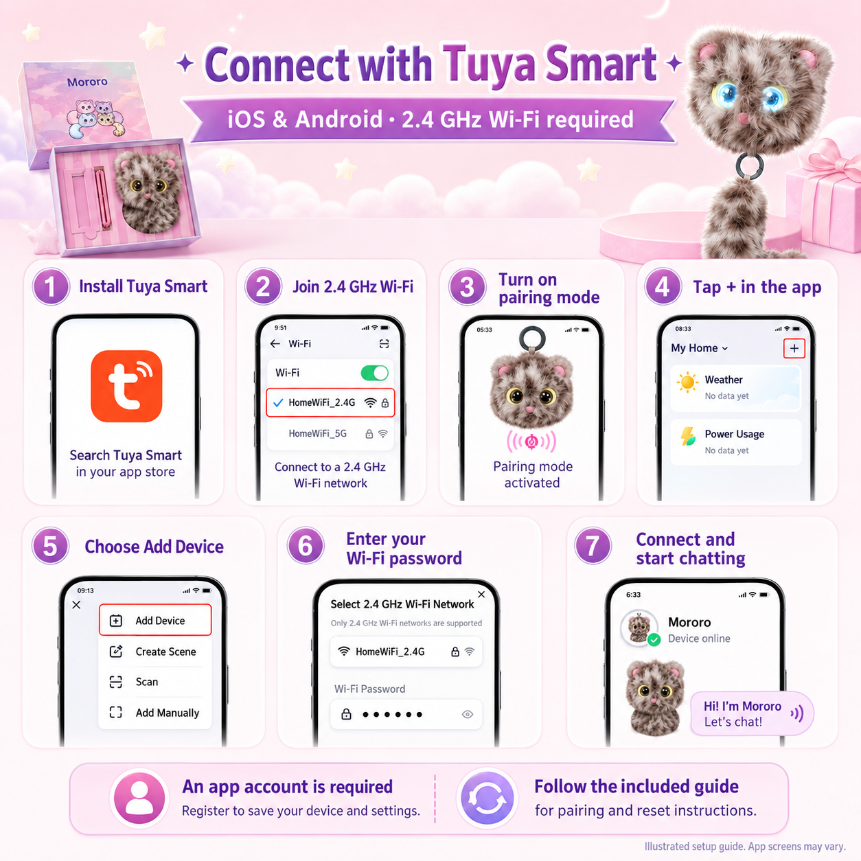 Illustrated English Tuya Smart setup guide for Mororo using 2.4 GHz Wi-Fi.