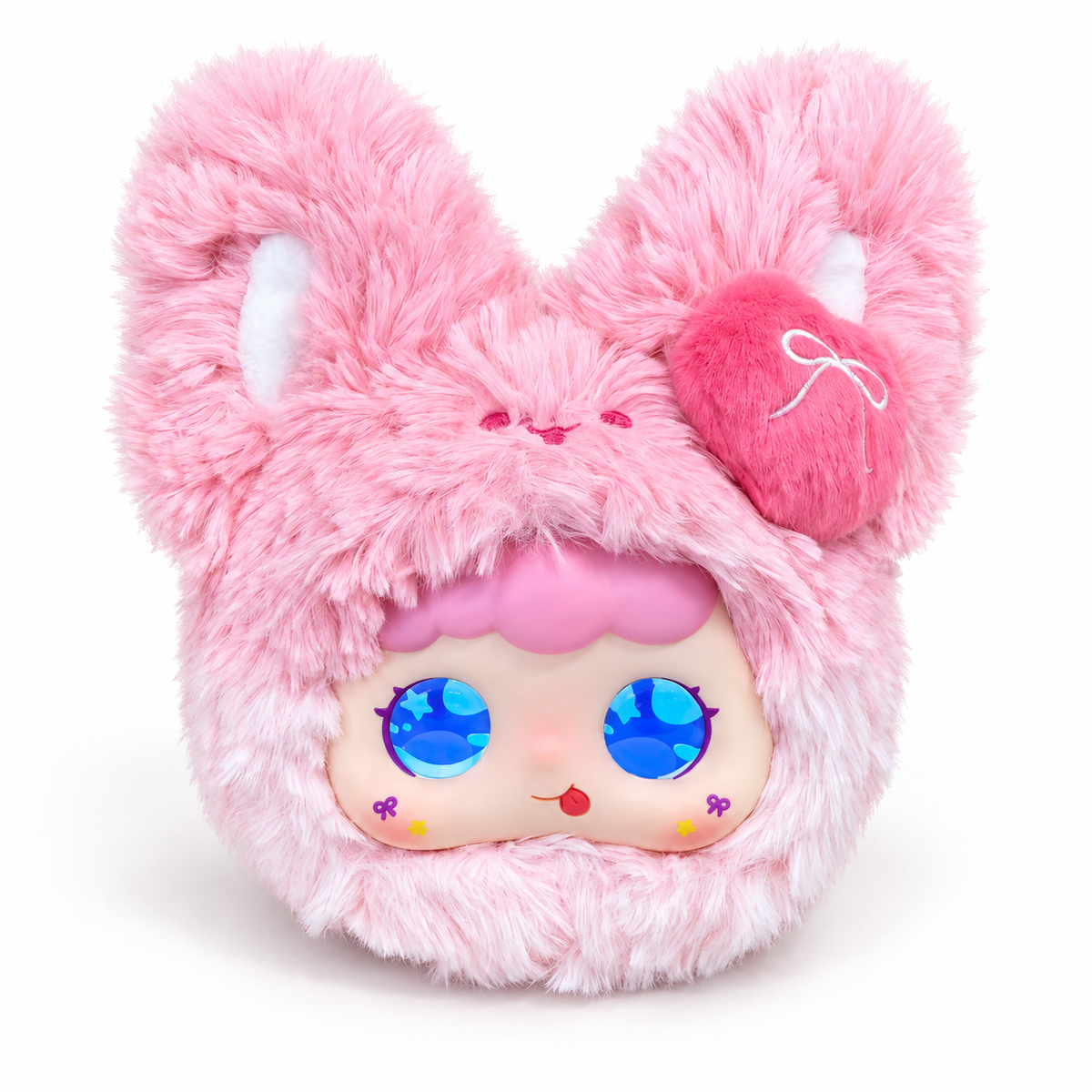 Jopark Tea Party AI plush bag charm in the Lychee Berry style, with expressive blue LED eyes.