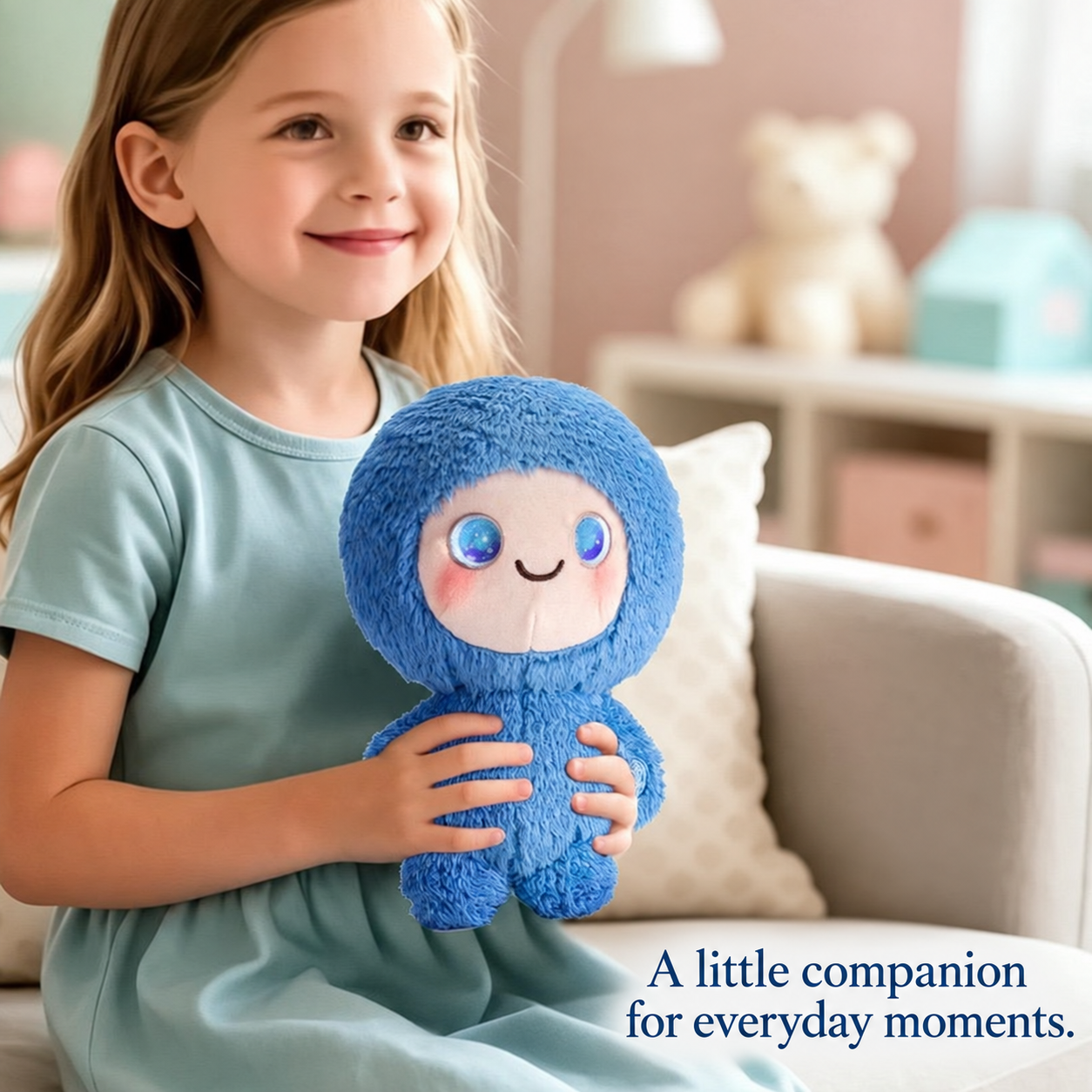 Blue AI Box plush companion held in a cozy living room.