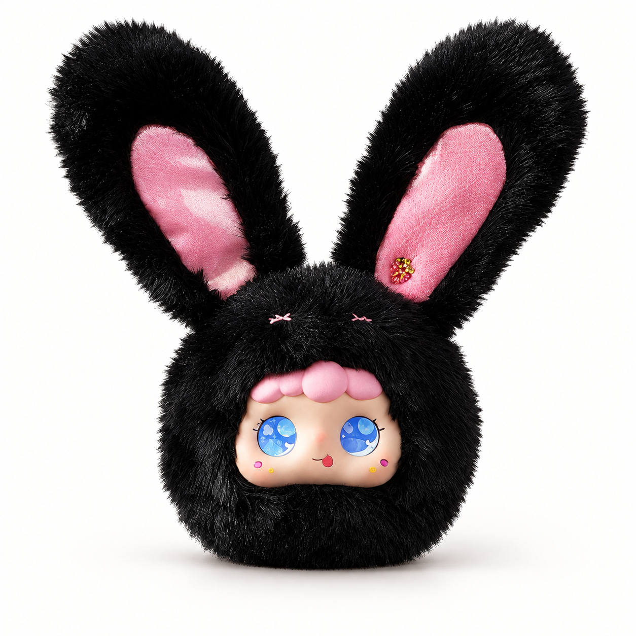 Jopark Tea Party AI plush bag charm in the Berry Noir style, with expressive blue LED eyes.