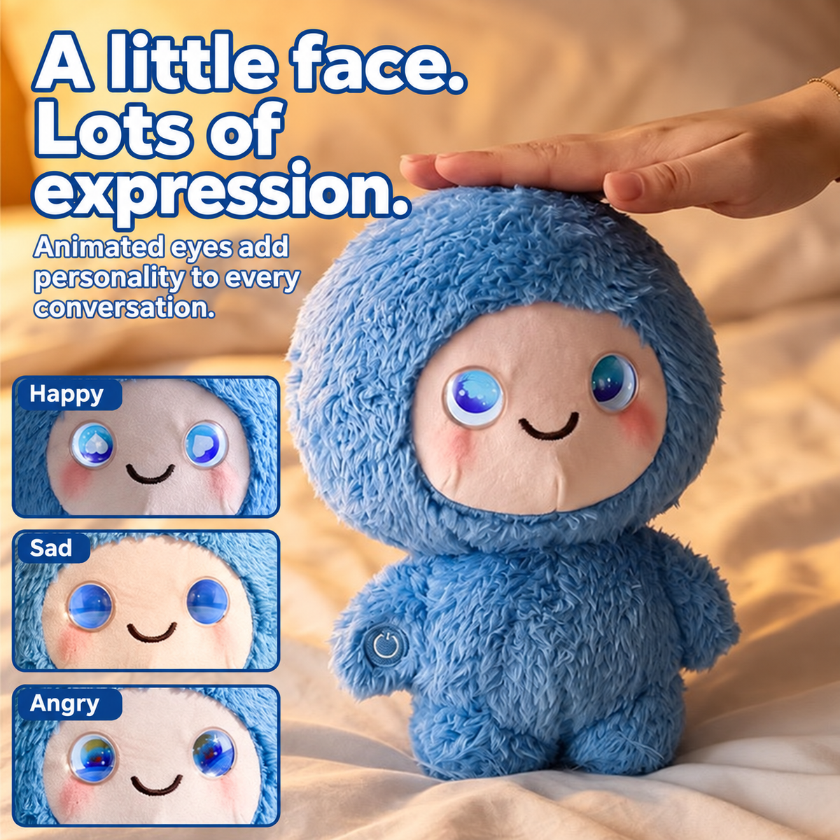 AI Box plush companion with animated eye expressions shown in three close-ups.