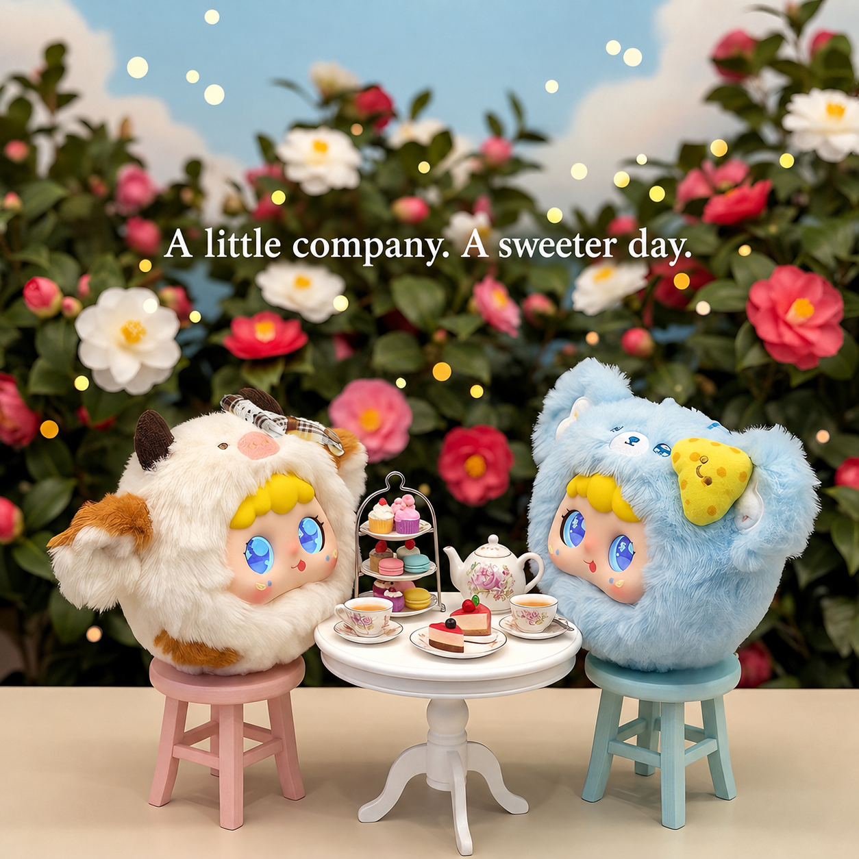 Jopark Caramel Latte and Sea Salt Cheese plush companions at a miniature tea table; props not included.