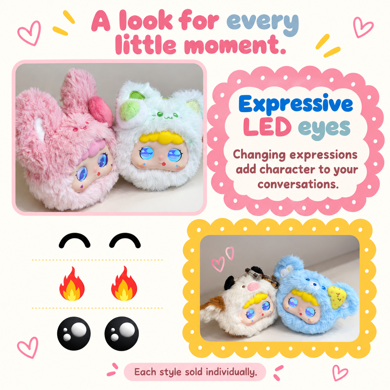 Jopark Tea Party LED expression guide with selected plush styles and changing eye expressions.