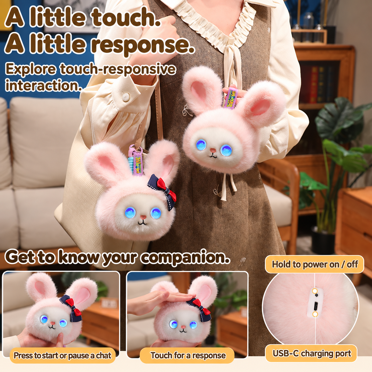 Pink bunny plush companion with touch interactions and expressive eyes