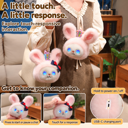 Pink bunny plush companion with touch interactions and expressive eyes