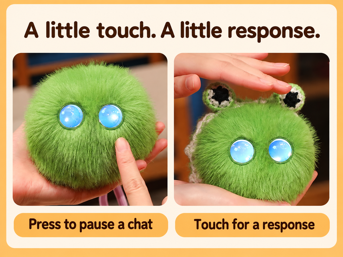 Green plush companions showing touch-responsive expressions