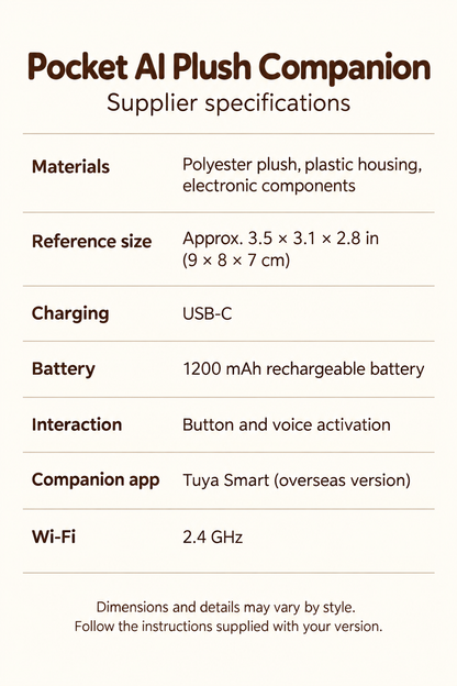Pocket AI Plush Companion specifications, USB-C charging and reference dimensions