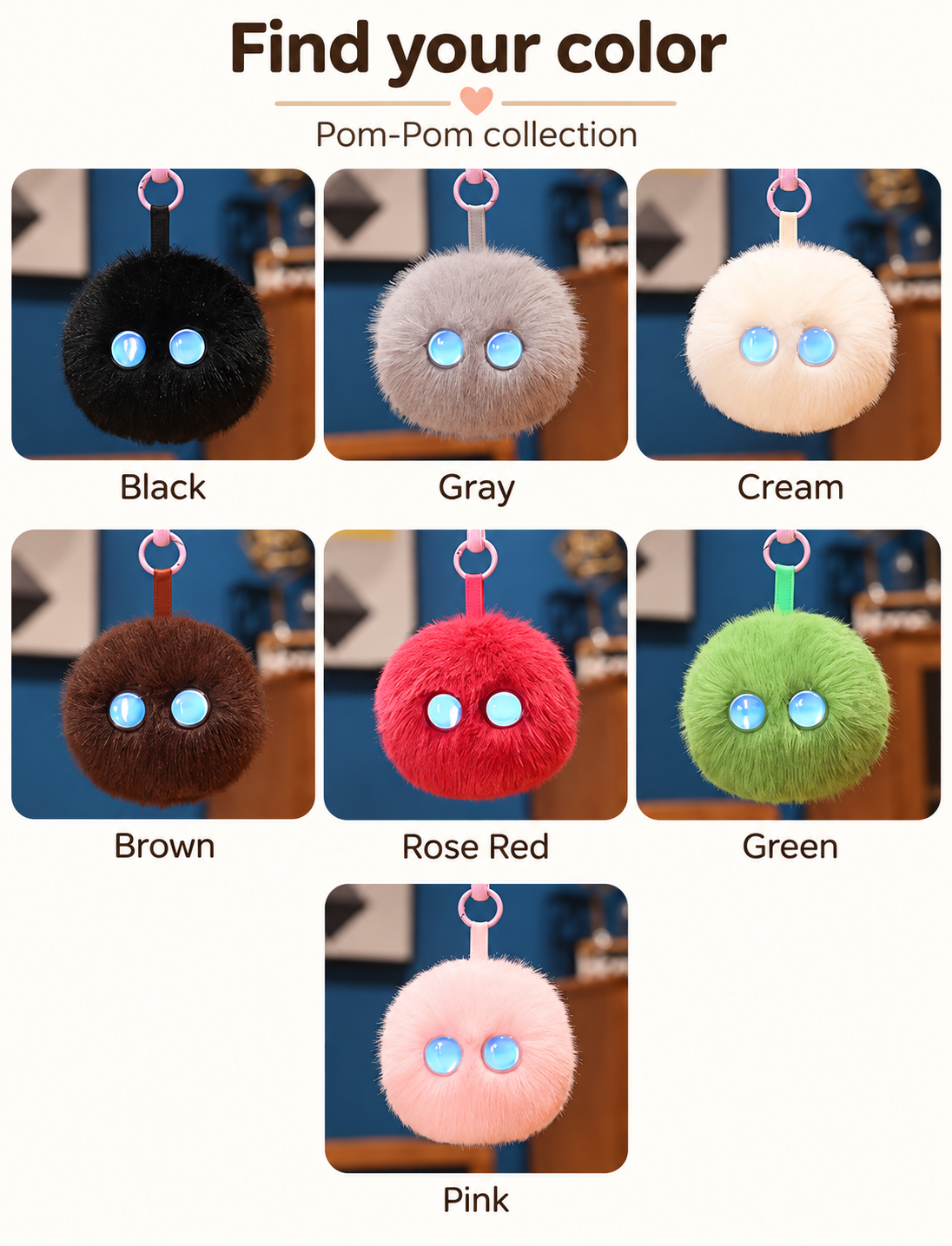 Pom-Pom plush companion in cream, green, brown, pink, gray, black and rose red