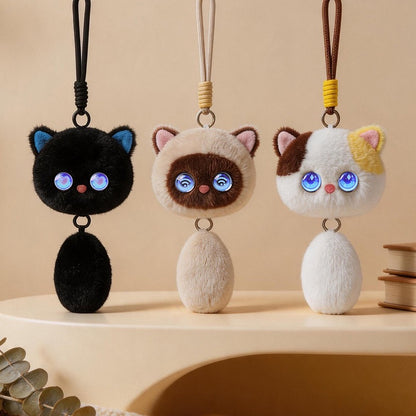 Long-tail cat plush companions in black, Siamese and calico styles