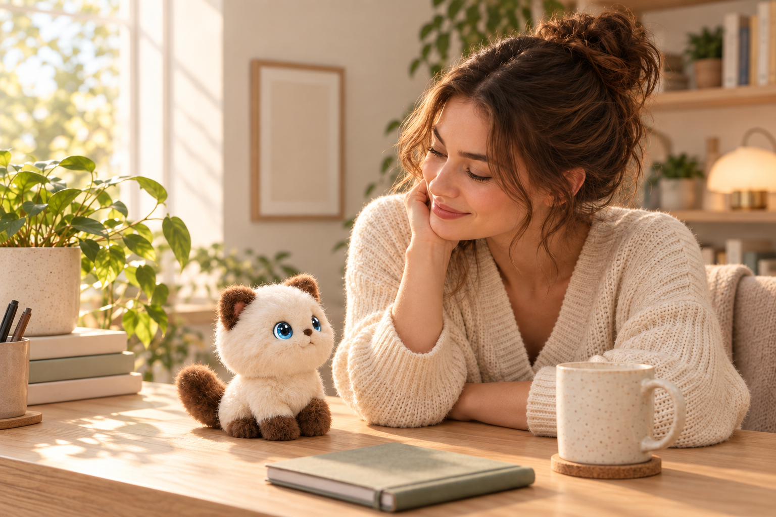 AI lifestyle illustration of a woman sitting beside a small TuanTuan plush cat at a sunlit desk.